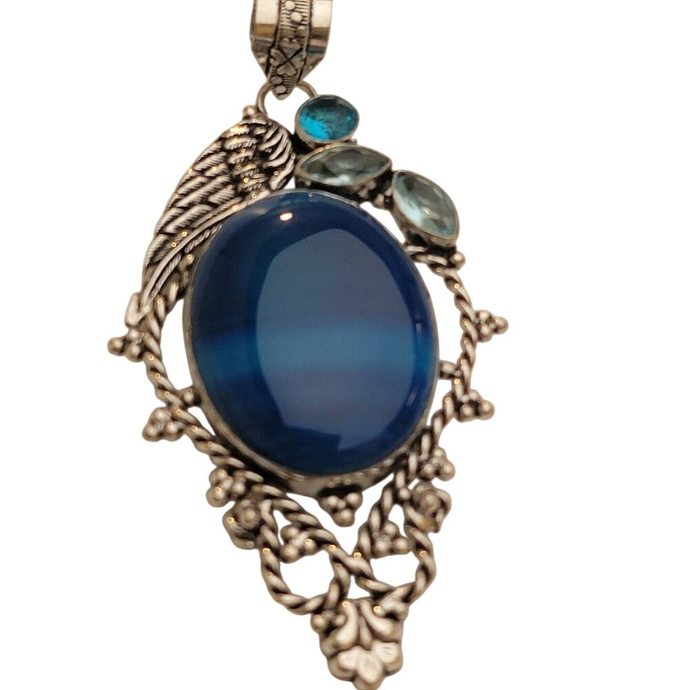 Sterling Silver Angel Wing Blue Agate Pendant with Sky Blue Topaz Accents